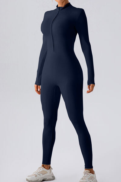 Half Zip Mock Neck Active Jumpsuit - FitFemme.Shop