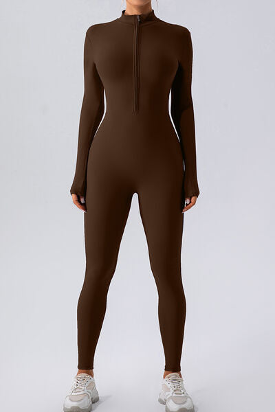 Half Zip Mock Neck Active Jumpsuit - FitFemme.Shop