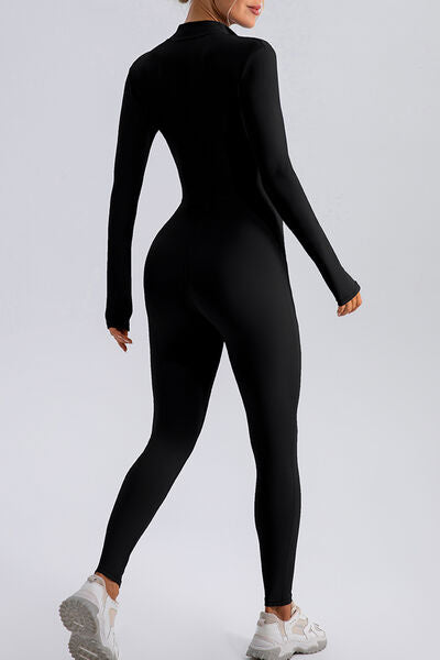 Half Zip Mock Neck Active Jumpsuit - FitFemme.Shop