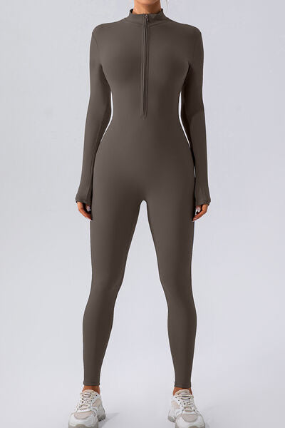 Half Zip Mock Neck Active Jumpsuit - FitFemme.Shop