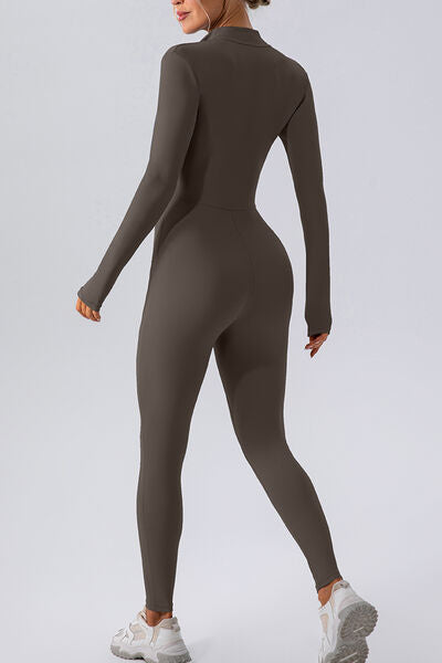 Half Zip Mock Neck Active Jumpsuit - FitFemme.Shop