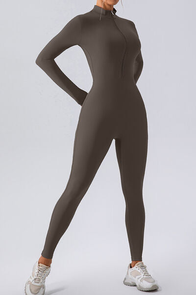 Half Zip Mock Neck Active Jumpsuit - FitFemme.Shop