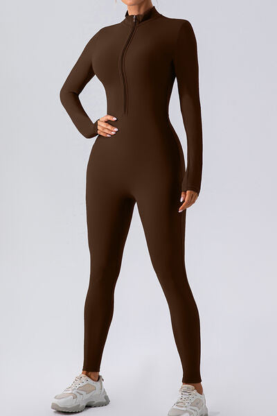 Half Zip Mock Neck Active Jumpsuit - FitFemme.Shop