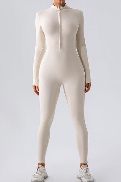 Half Zip Mock Neck Active Jumpsuit - FitFemme.Shop