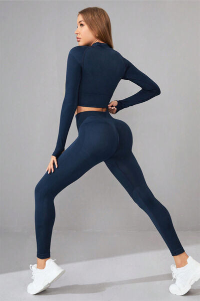 Mock Neck Long Sleeve Top and Pants Active Set - FitFemme.Shop
