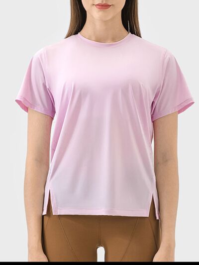 Millennia Slit Round Neck Short Sleeve Active T-Shirt - FitFemme.Shop