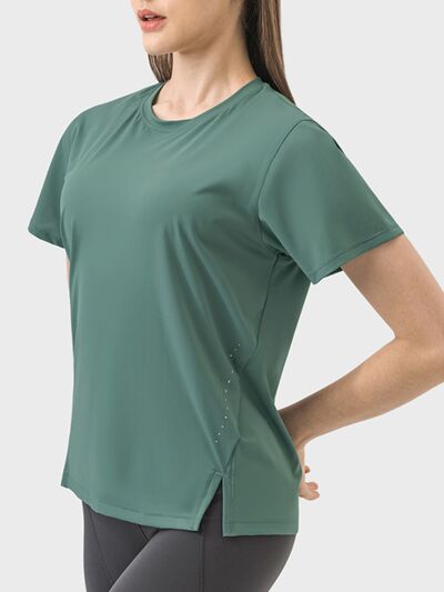 Millennia Slit Round Neck Short Sleeve Active T-Shirt - FitFemme.Shop