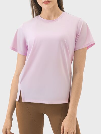 Millennia Slit Round Neck Short Sleeve Active T-Shirt - FitFemme.Shop