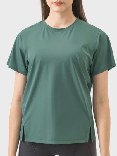 Millennia Slit Round Neck Short Sleeve Active T-Shirt - FitFemme.Shop