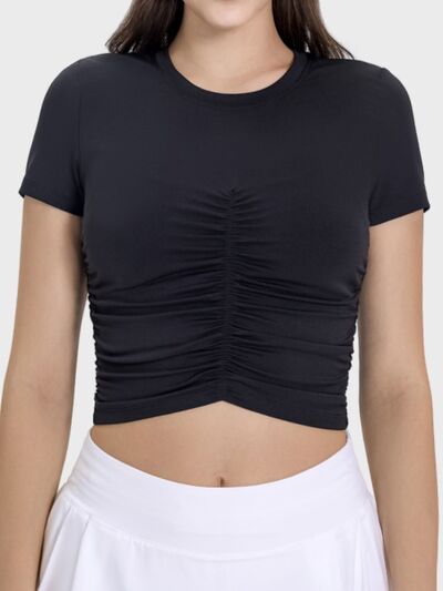 Millennia Ruched Round Neck Short Sleeve Active T-Shirt - FitFemme.Shop