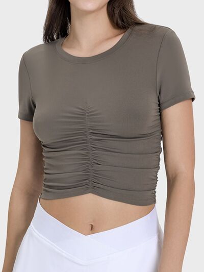 Millennia Ruched Round Neck Short Sleeve Active T-Shirt - FitFemme.Shop