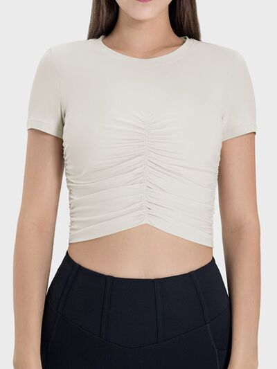 Millennia Ruched Round Neck Short Sleeve Active T-Shirt - FitFemme.Shop