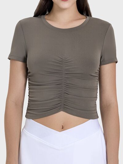 Millennia Ruched Round Neck Short Sleeve Active T-Shirt - FitFemme.Shop