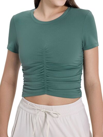 Millennia Ruched Round Neck Short Sleeve Active T-Shirt - FitFemme.Shop