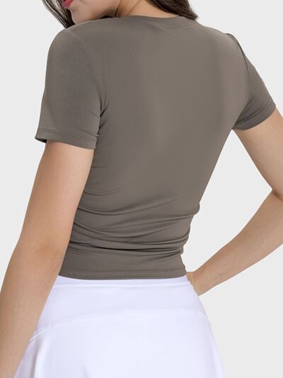 Millennia Ruched Round Neck Short Sleeve Active T-Shirt - FitFemme.Shop