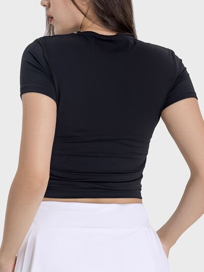Millennia Ruched Round Neck Short Sleeve Active T-Shirt - FitFemme.Shop