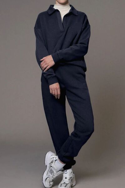 Johnny Collar Long Sleeve Top and Joggers Active Set - FitFemme.Shop