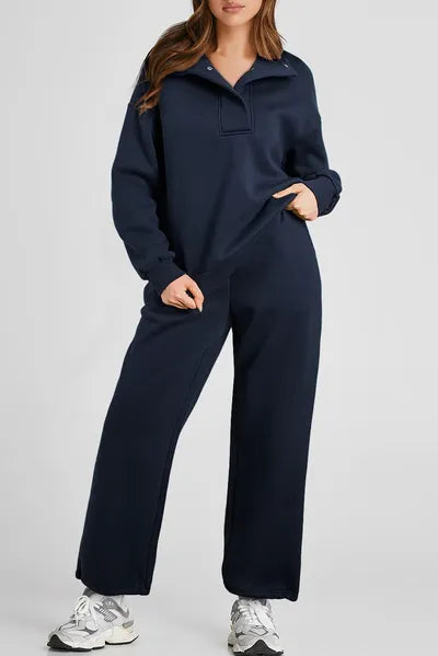 Half Snap Long Sleeve Top and Pants Active Set - FitFemme.Shop