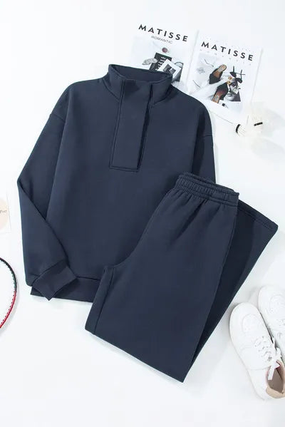 Half Snap Long Sleeve Top and Pants Active Set - FitFemme.Shop