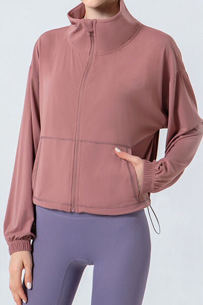 Drawstring Zip Up Dropped Shoulder Active Outerwear - FitFemme.Shop