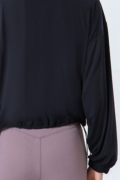 Drawstring Zip Up Dropped Shoulder Active Outerwear - FitFemme.Shop