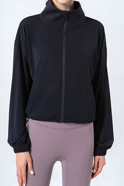 Drawstring Zip Up Dropped Shoulder Active Outerwear - FitFemme.Shop