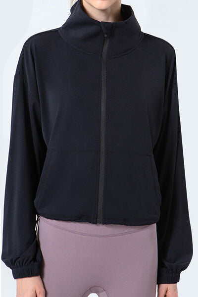 Drawstring Zip Up Dropped Shoulder Active Outerwear - FitFemme.Shop