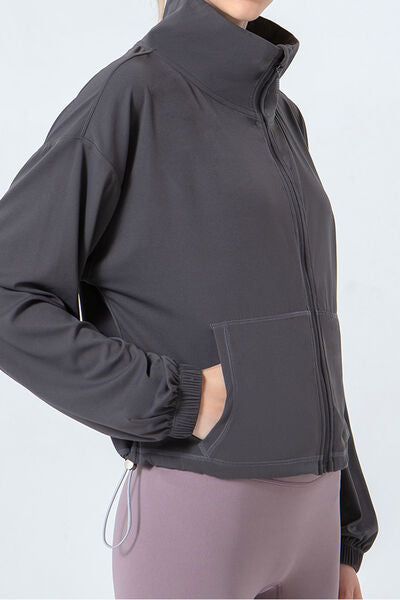 Drawstring Zip Up Dropped Shoulder Active Outerwear - FitFemme.Shop