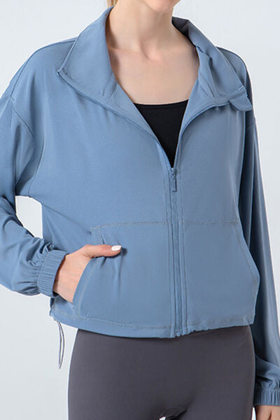 Drawstring Zip Up Dropped Shoulder Active Outerwear - FitFemme.Shop