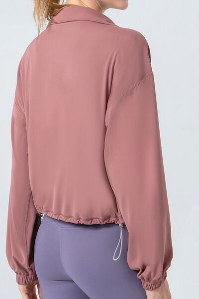 Drawstring Zip Up Dropped Shoulder Active Outerwear - FitFemme.Shop