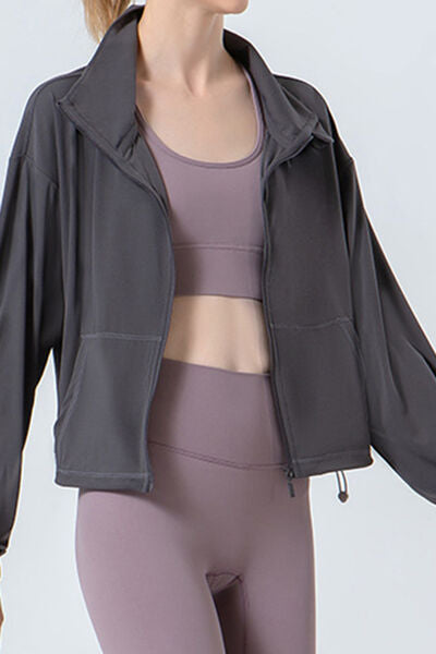 Drawstring Zip Up Dropped Shoulder Active Outerwear - FitFemme.Shop