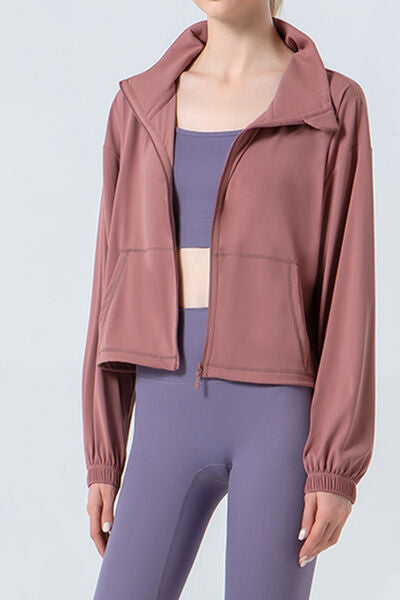 Drawstring Zip Up Dropped Shoulder Active Outerwear - FitFemme.Shop