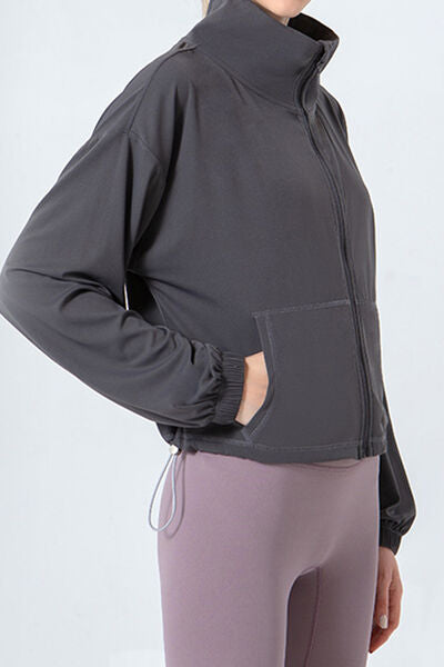 Drawstring Zip Up Dropped Shoulder Active Outerwear - FitFemme.Shop