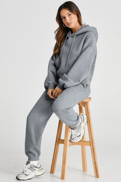 Dropped Shoulder Hooded Top and Pants Active Set - FitFemme.Shop