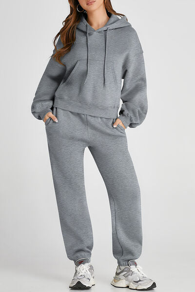 Dropped Shoulder Hooded Top and Pants Active Set - FitFemme.Shop