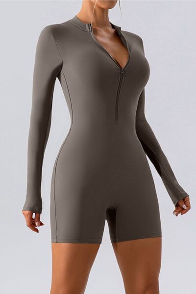 Half Zip Long Sleeve Active Romper - FitFemme.Shop