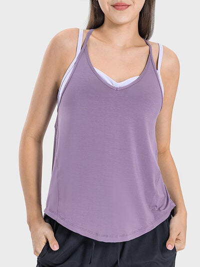 Millennia Slit Spaghetti Strap Scoop Neck Active Cami - FitFemme.Shop