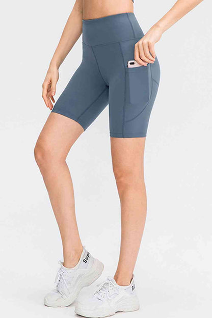 Wide Waistband Sports Shorts with Pockets - FitFemme.Shop
