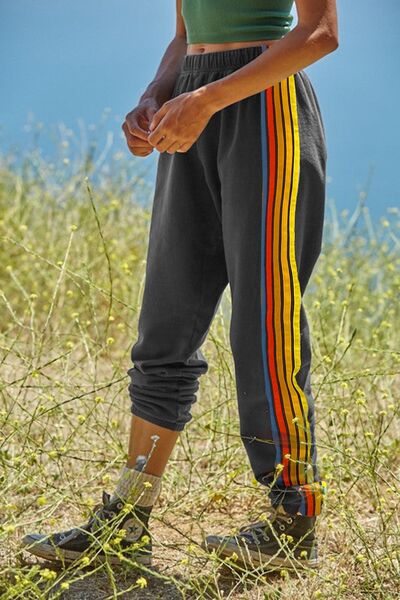 Contrast Striped Elastic Waist Active Pants - FitFemme.Shop