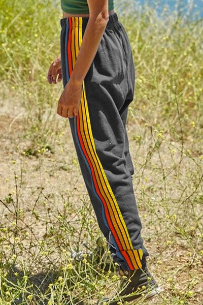 Contrast Striped Elastic Waist Active Pants - FitFemme.Shop