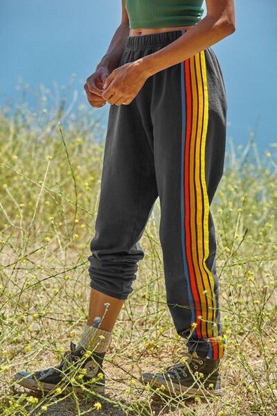 Contrast Striped Elastic Waist Active Pants - FitFemme.Shop