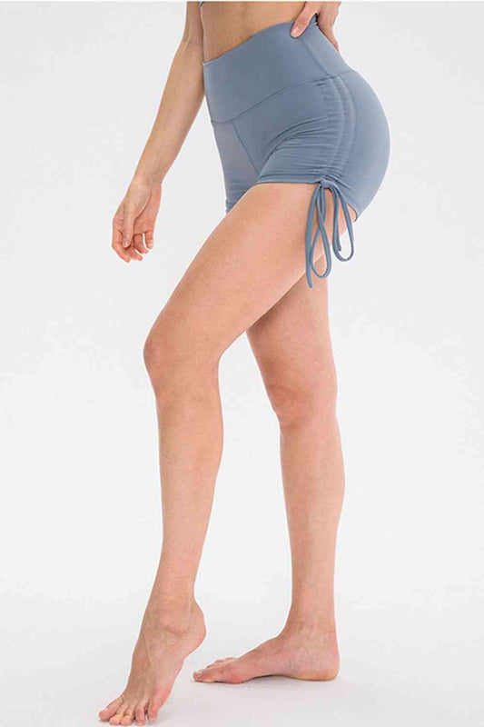 Drawstring Wide Waistband Side Tie Sports Shorts - FitFemme.Shop
