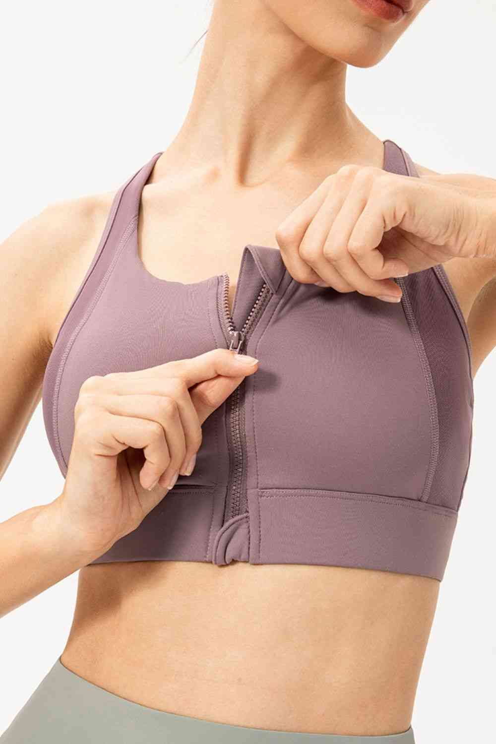 Zip-Up Round Neck Sports Bra - FitFemme.Shop