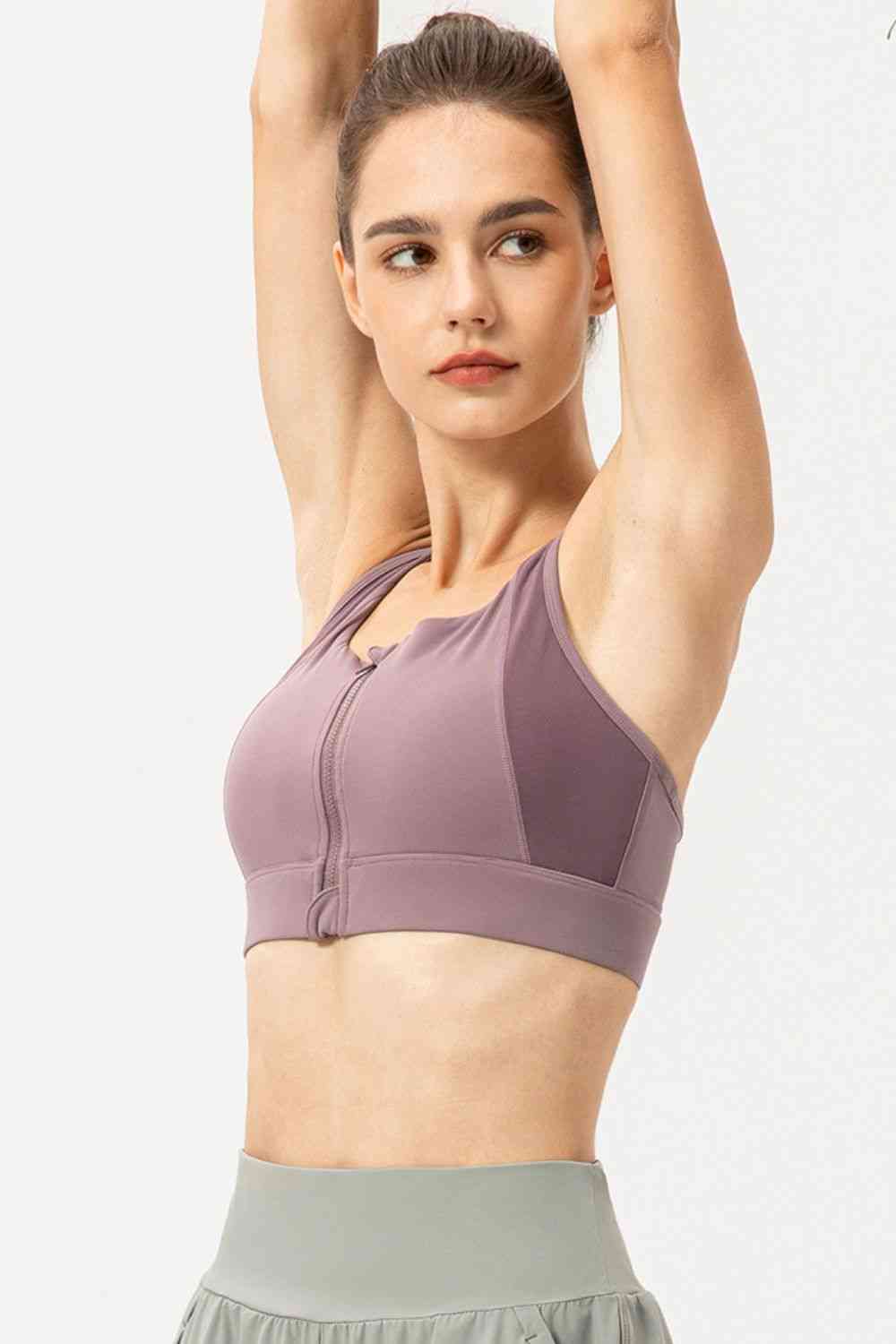 Zip-Up Round Neck Sports Bra - FitFemme.Shop