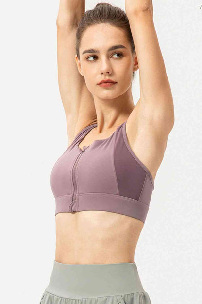 Zip-Up Round Neck Sports Bra - FitFemme.Shop