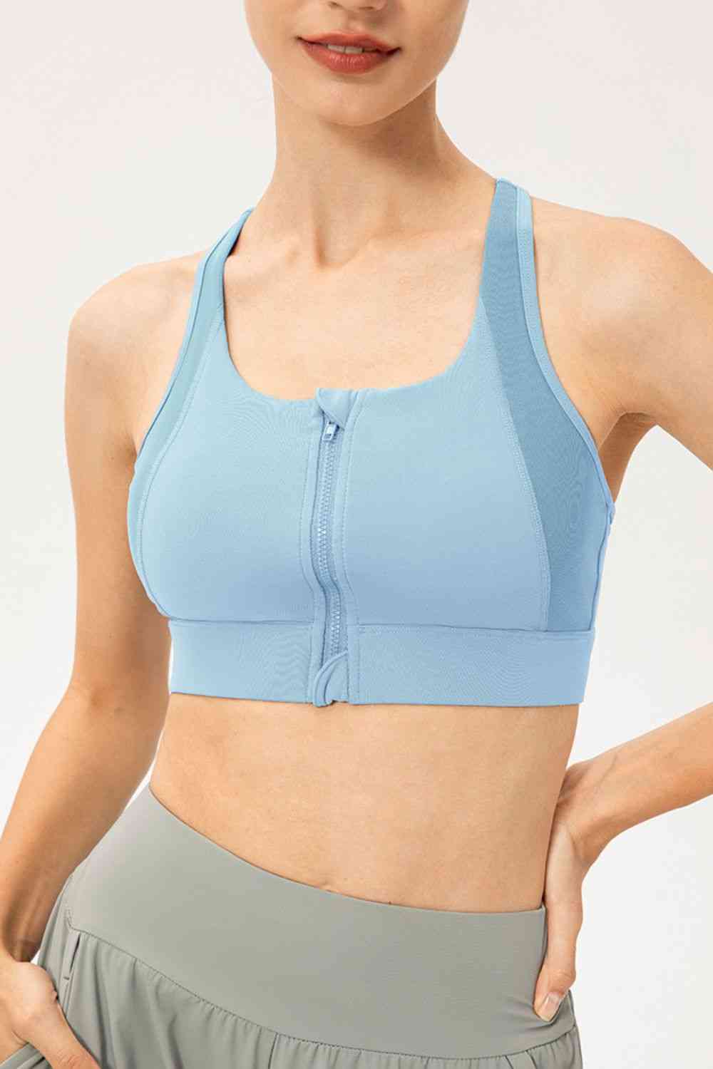 Zip-Up Round Neck Sports Bra - FitFemme.Shop