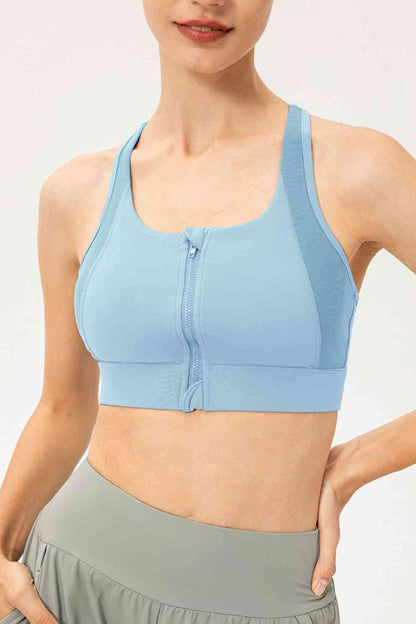 Zip-Up Round Neck Sports Bra - FitFemme.Shop