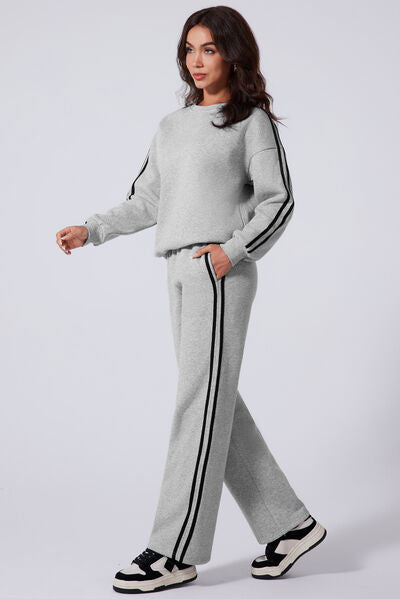 Side Striped Round Neck Top and Pants Active Set - FitFemme.Shop