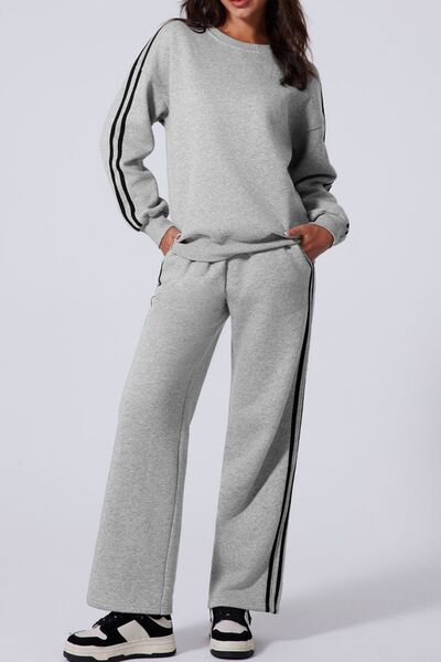 Side Striped Round Neck Top and Pants Active Set - FitFemme.Shop