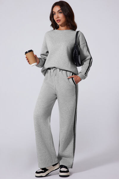 Side Striped Round Neck Top and Pants Active Set - FitFemme.Shop
